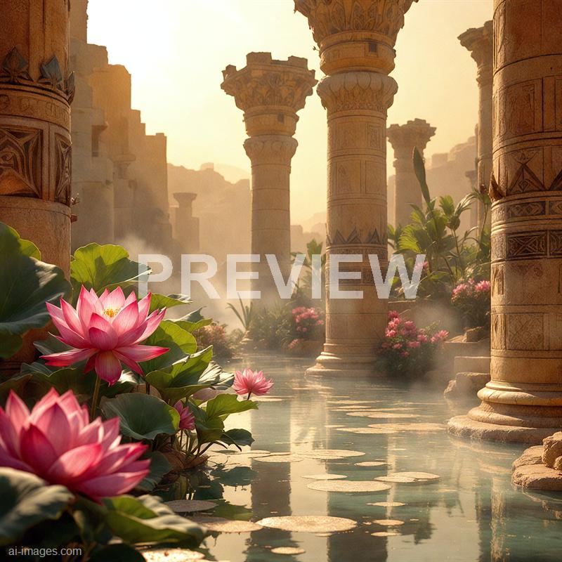 The image depicts an ancient, classical-style courtyard with grand stone columns that are intricately carved with patterns and motifs. In the foreground, vibrant pink water lilies bloom on a calm pond, surrounded by lush green leaves, with steam or mist rising gently from the water. The background shows more columns and what appears to be a hazy, sunlit atmosphere, creating a serene and mystical ambiance.